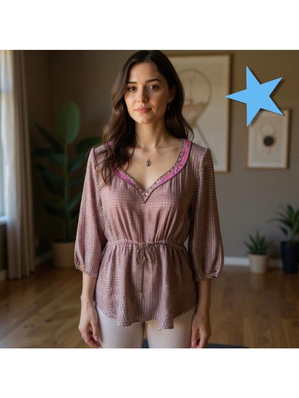 Free People Purple Silver Metallic Blouse Top M 6 8